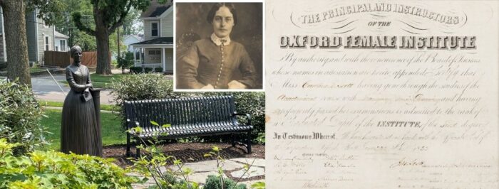 Composite photo with the current Caroline Scott Harrison statue, an inset  graduation picture of Caroline Scott, and a copy of her diploma from the Oxford Female Institute