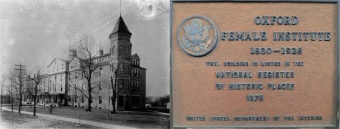Combined photo showing Oxford Female Institute, c. 1888, and the historic marker listing Oxford Female Institute on the National Register of historic Places in 1976.